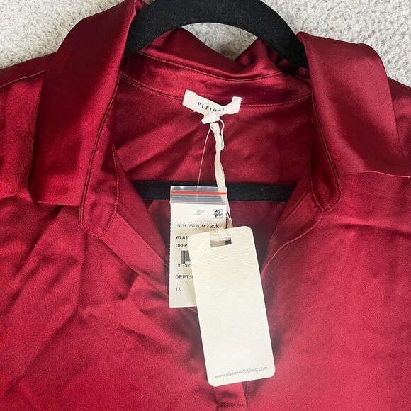 Pleione Tunic Blouse Womans 1X Burguny Chiffon Collar Pullover Stretch - Picture 3 of 12